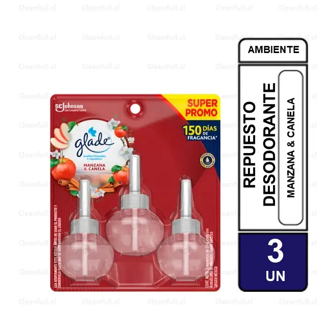 REPUESTO GLADE DESODORANTE AMBIENTAL PACK 3 UN MANZANA & CANELA