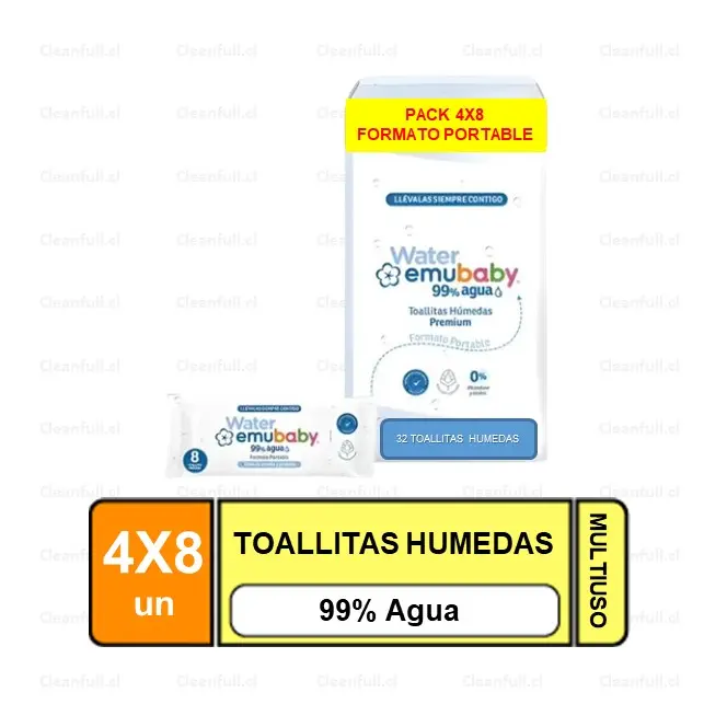 PACK TOALLITAS HUMEDAS PREMIUM EMUBABY 99% AGUA 4 PAQ 8 UN