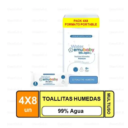 [PACK01] PACK TOALLITAS HUMEDAS PREMIUM EMUBABY 99% AGUA 4 PAQ 8 UN